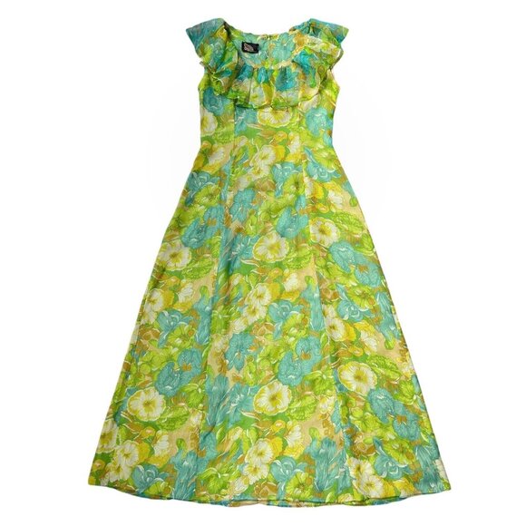 60s 70s Vintage Floral Maxi Dress Ruffle Neckline Collar Floorlength A-line. - Picture 3 of 14